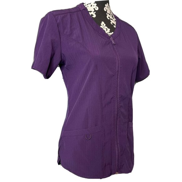 unique scrubs small womens purple full zip short sleeve scrub shirt top - Picture 2 of 4